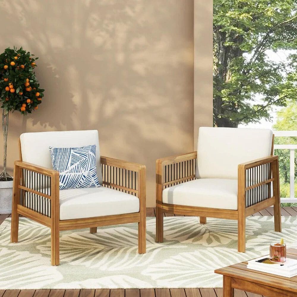 Hearth and Haven Outdoor Acacia Wood Club Chair with Beige Cushions and Slat Panel in Teak, , large
