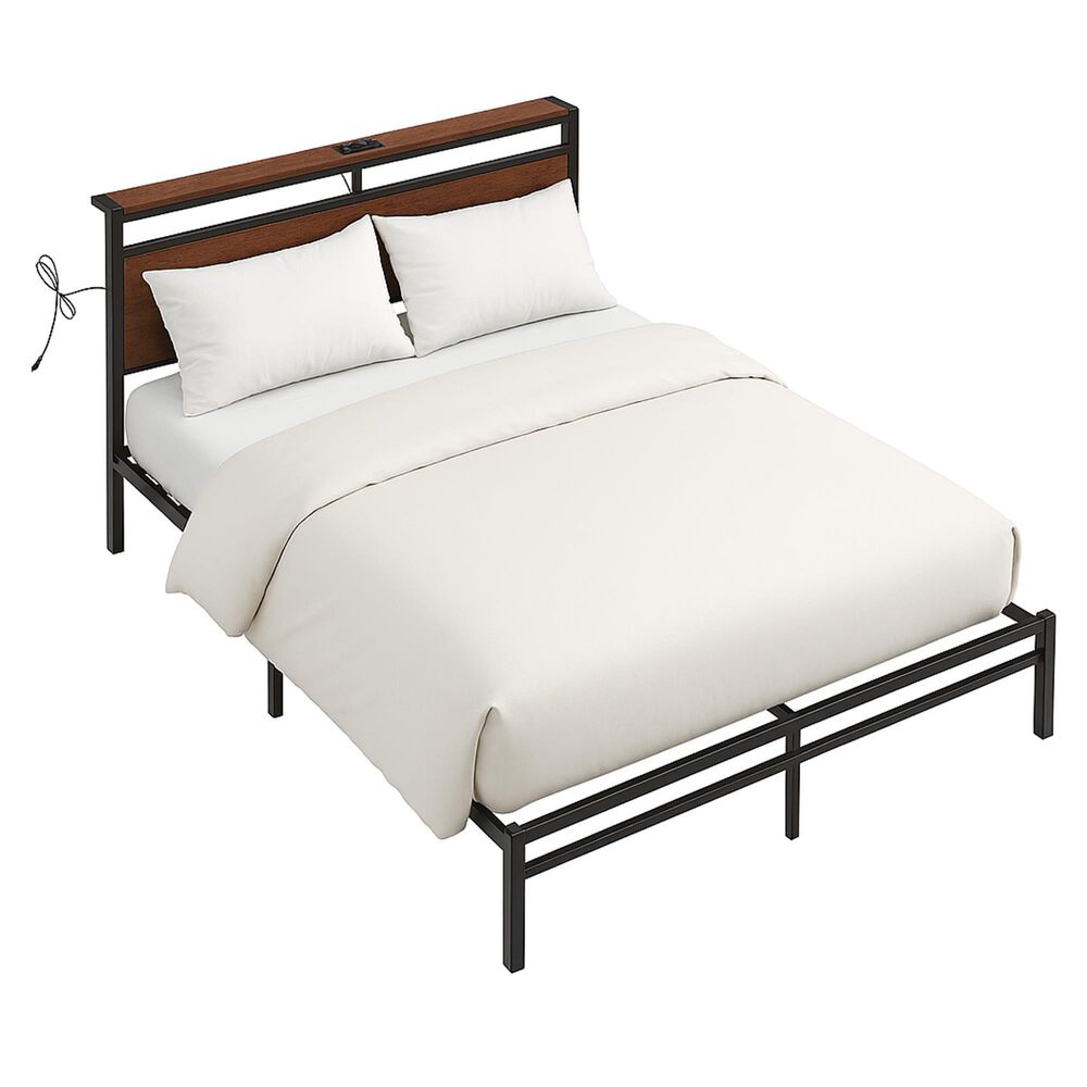 HOMLUX Vintage Queen Platform Bed with Storage LED Headboard in Rustic Brown, , large