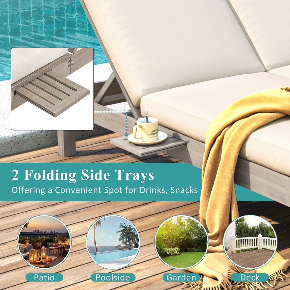 HOMLUX Patio 2-Person Chaise Lounge with Folding Side Tables and Gray Frame in Beige, , large