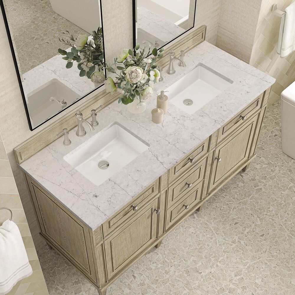 James Martin Vanities Lorelai 60&quot; Double Vanity in Whitewashed Oak with 3 cm Eternal Jasmine Pearl Quartz Top, , large