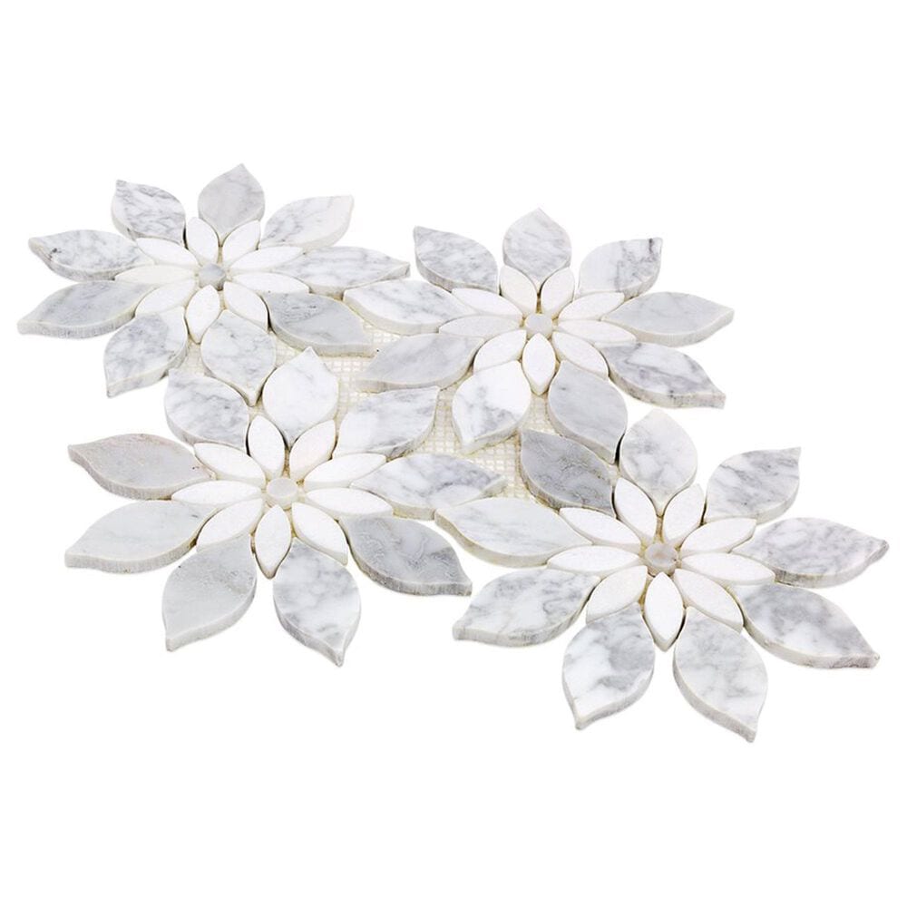 Soho Studio MJ Rain Flower White Carrara and White Thassos 12.4" x 14.13" Marble Mosaic Sheet, , large
