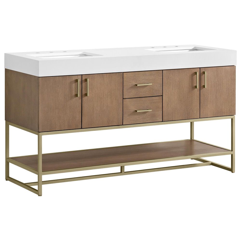 37B Mauri 60" Double Bathroom Vanity with Metal Base in Walnut Drift with High-Profile 4" White Composite Stone Top, , large