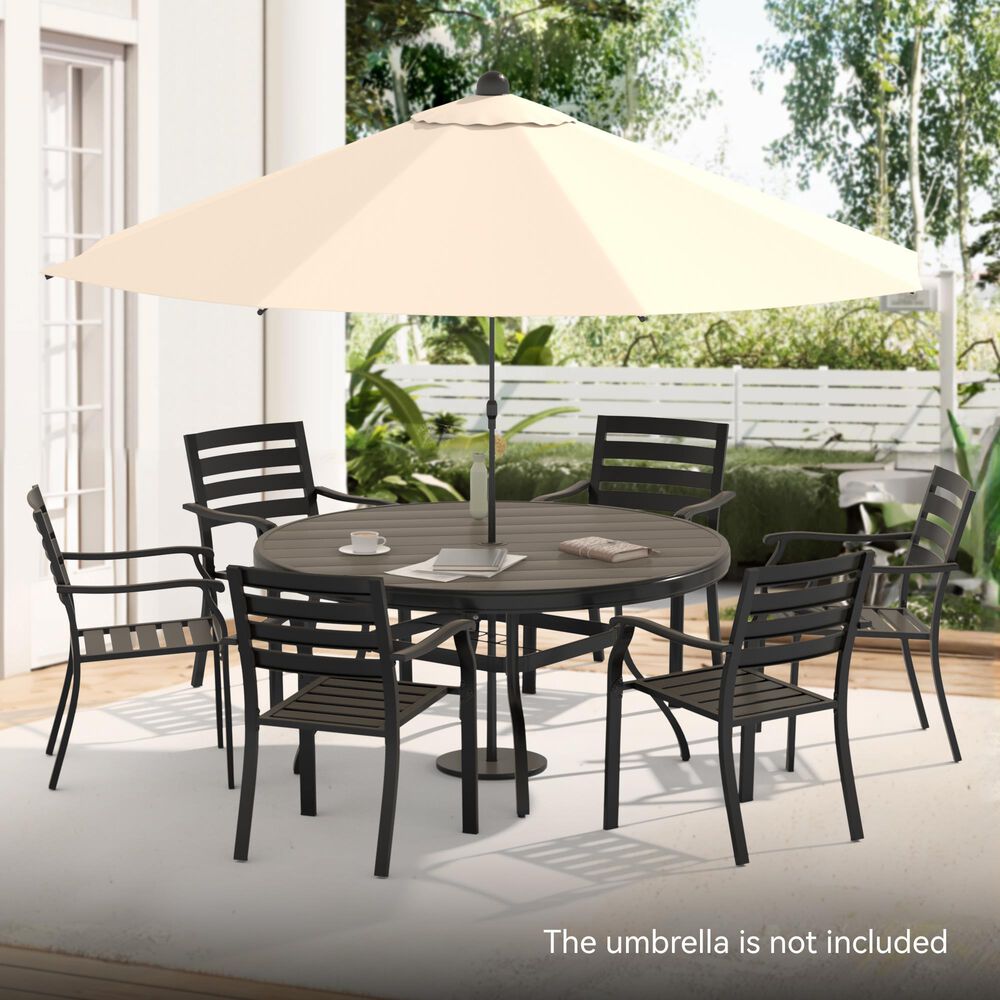 Hearth and Haven 7-Piece Outdoor Metal Dining Set with Stackable Chairs and Round Slatted Table in Black, , large