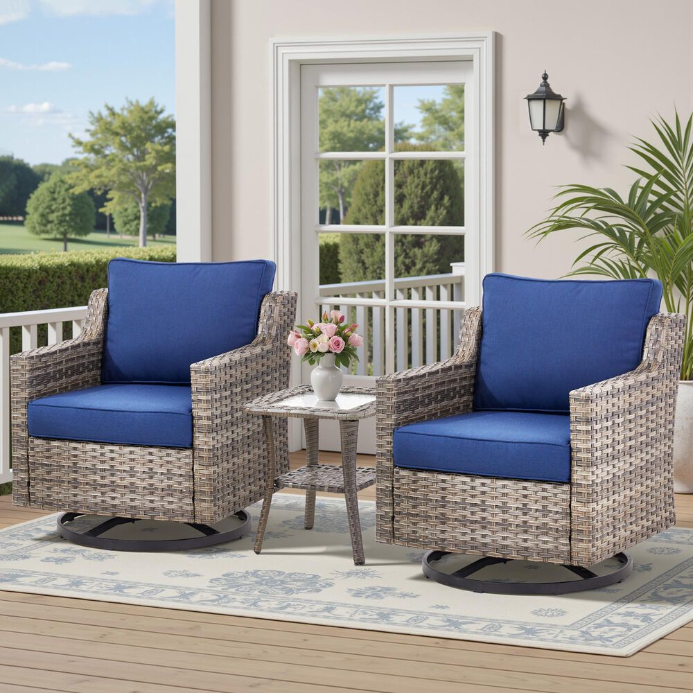 Hearth and Haven 3-Piece Outdoor Wicker Swivel Chair Set with 19" Side Table in Blue, , large