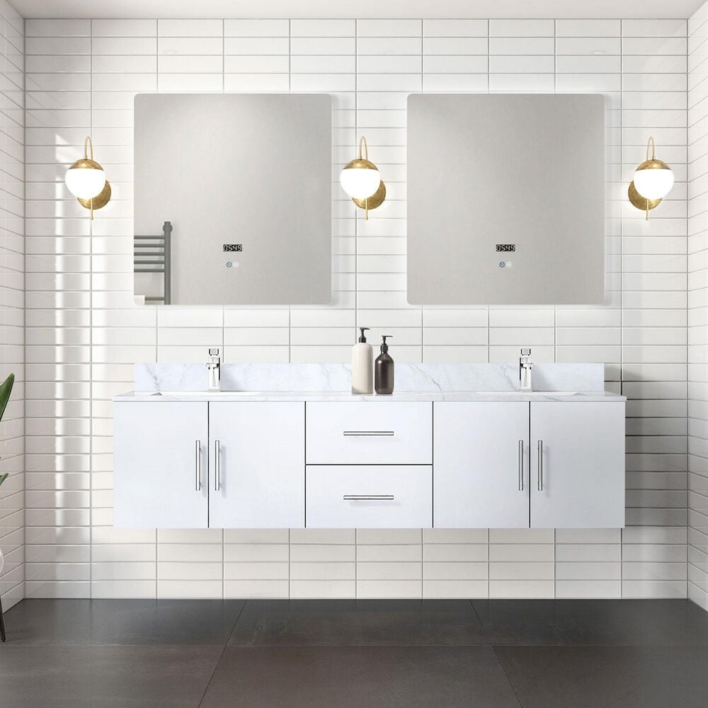Lexora Home Geneva 72&quot; Double Bathroom Vanity in Glossy White with 2 cm White Carrara Marble Top and Rectangular Sinks, , large