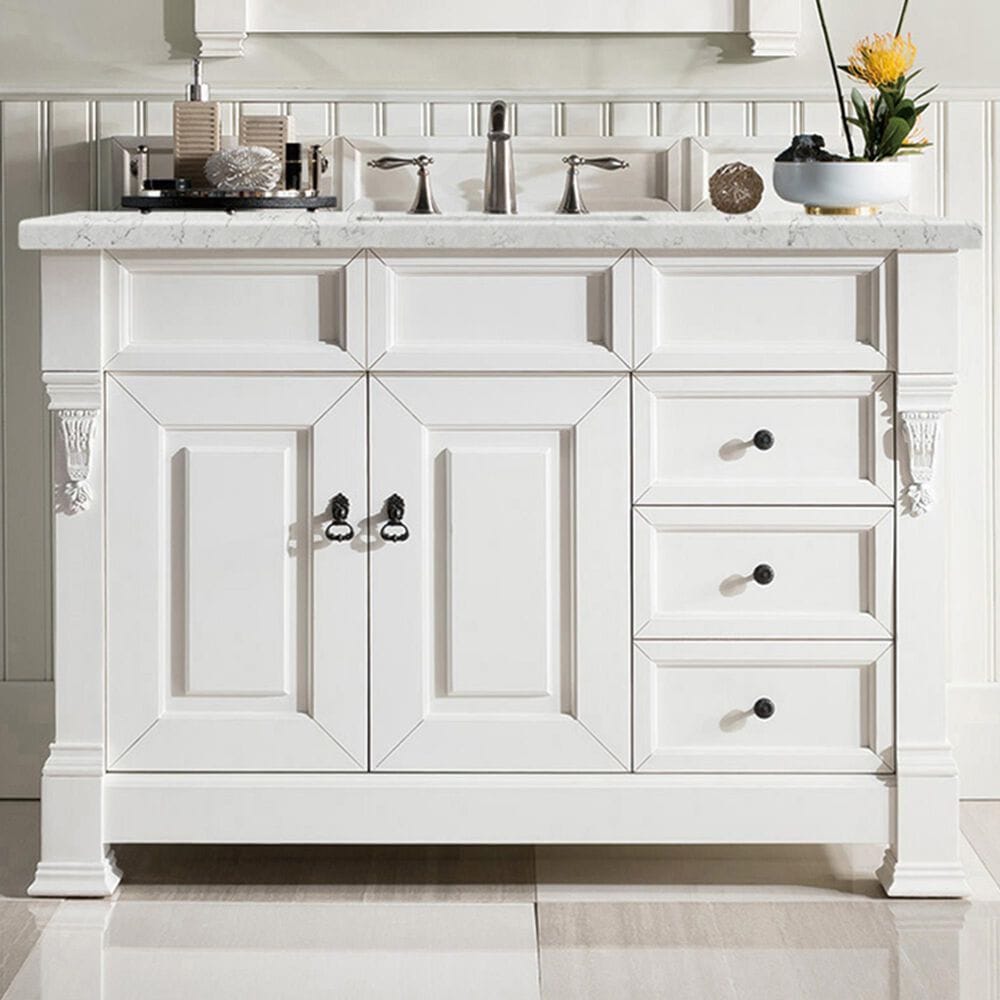 James Martin Vanities Brookfield 48&quot; Single Bathroom Vanity in Bright White with 3 cm Eternal Jasmine Pearl Quartz Top and Rectangle Sink, , large