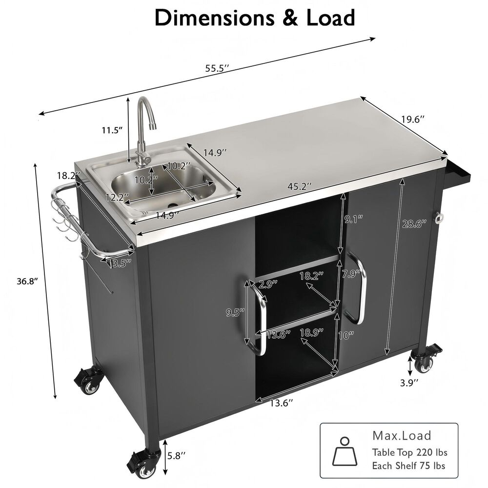 HOMLUX 55.5" Outdoor Kitchen Island with Sink in Black and Stainless Steel, , large
