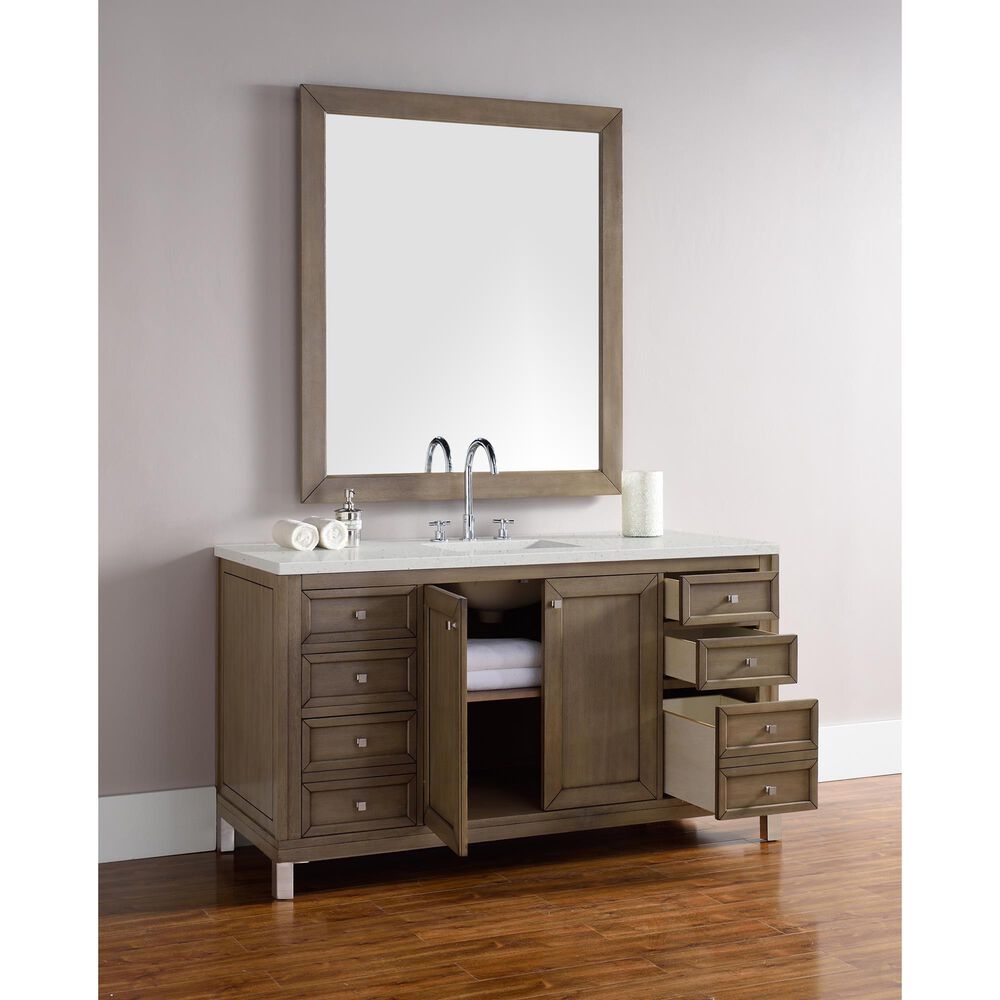 James Martin Vanities Chicago 60&quot; Single Bathroom Vanity in Whitewashed Walnut with 3 cm Lime Delight Quartz Top and Rectangular Sink, , large