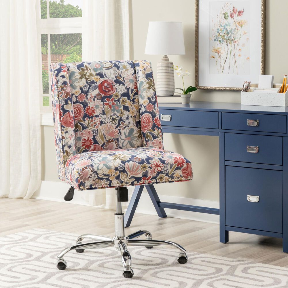 Linon Home Decor Draper Office Chair with Navy Floral Cushion in Silver, , large
