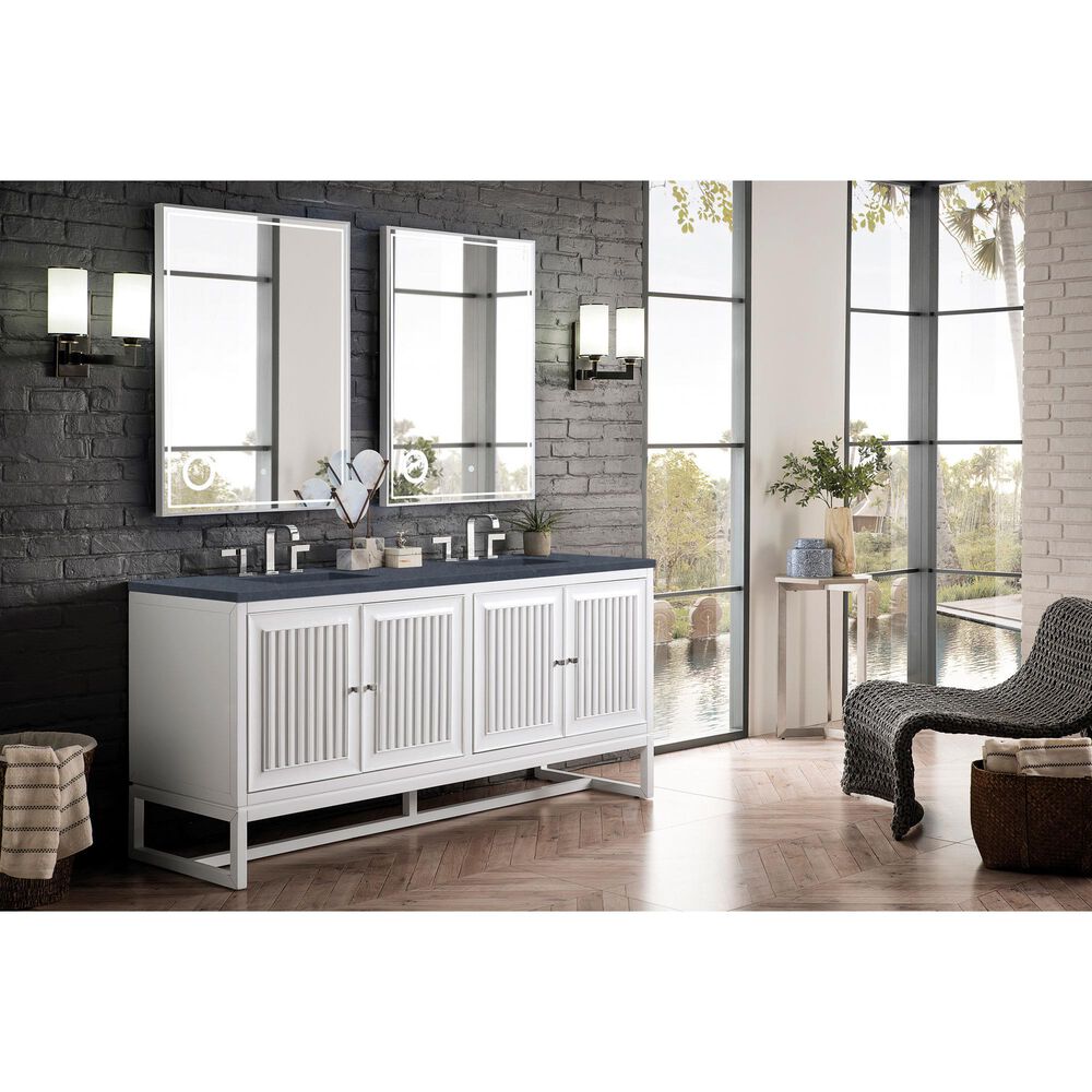 James Martin Vanities Athens 72&quot; Double Bathroom Vanity in Glossy White with 3 cm Charcoal Soapstone Quartz Top and Rectangular Sinks, , large