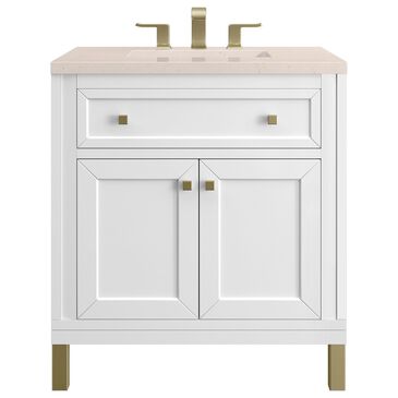 James Martin Chicago 30" Single Bathroom Vanity in Glossy White with 3 cm Eternal Marfil Quartz Top and Rectangular Sink, , large
