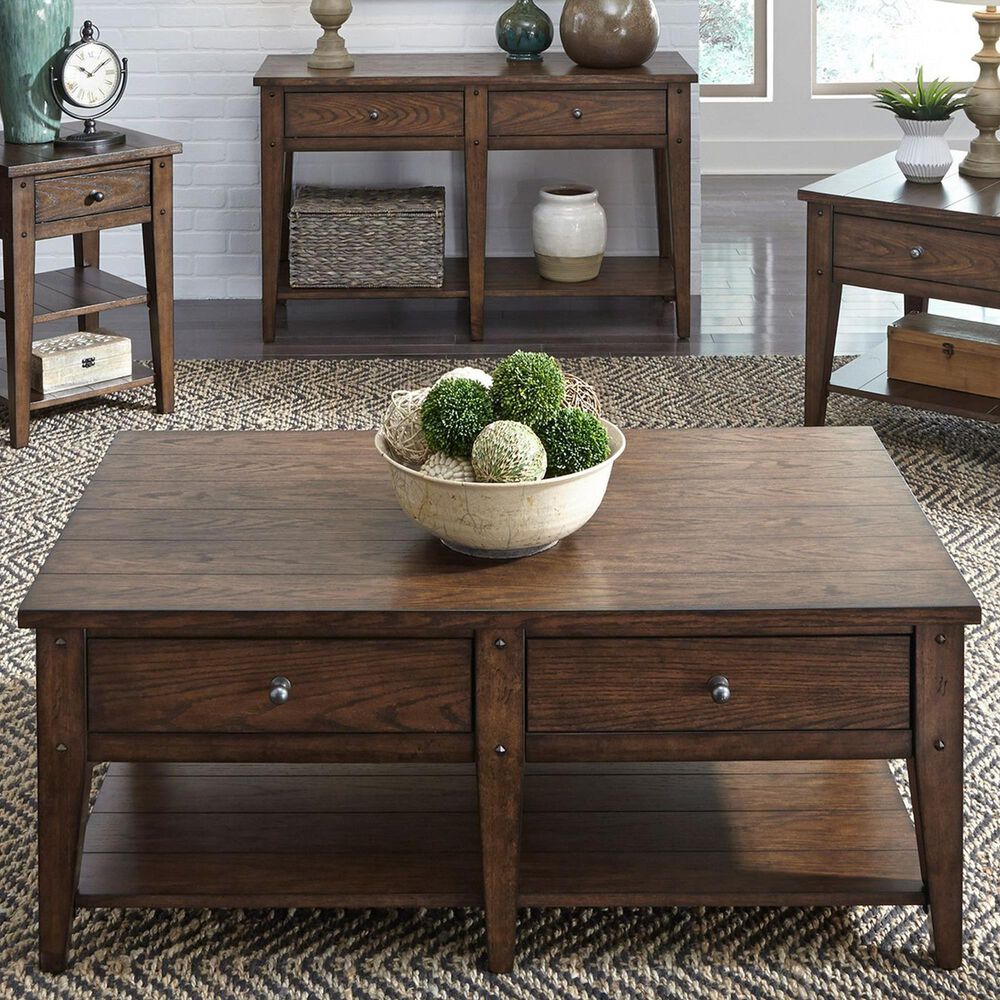 Belle Furnishings Lake House 2-Drawer Cocktail Table in Rustic Brown Oak, , large