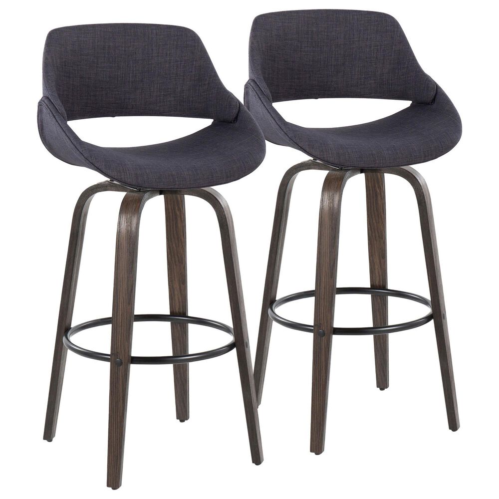 LumiSource Fabrico 30" Swivel Fixed-Height Bar Stool with Charcoal Fabric Upholstery in Black and Glazed Walnut (Set of 2), , large
