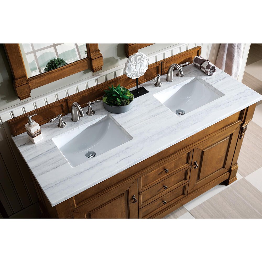 James Martin Vanities Brookfield 60&quot; Double Bathroom Vanity in Country Oak with 3 cm Arctic Fall Solid Surface Top and Rectangle Sinks, , large