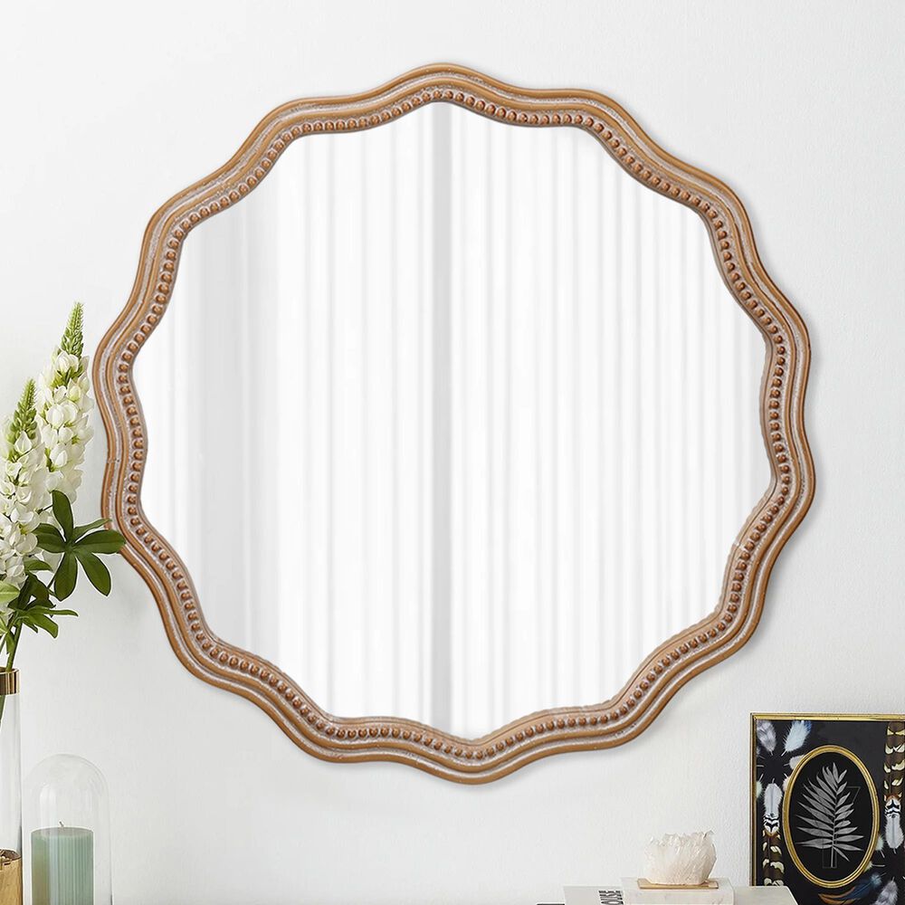 Hearth and Haven 23.62" Round Wall Mirror with Wavy Wood Framed in Antique Natural, , large