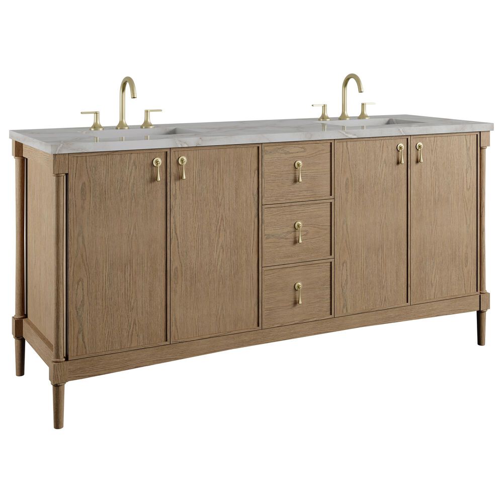 James Martin Kinnsden 72" Double Bathroom Vanity in Weathered Oak with 3 cm Victorian Silver Silestone Top and Rectangular Sinks, , large