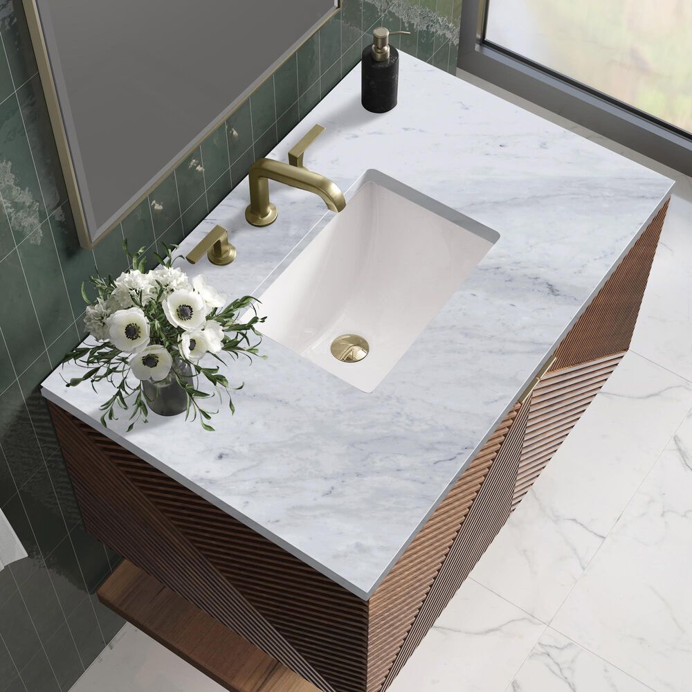 James Martin Vanities Marcello 36" Single Bathroom Vanity in Chestnut with 3 cm Carrara White Marble Top and Rectangular Sink, , large