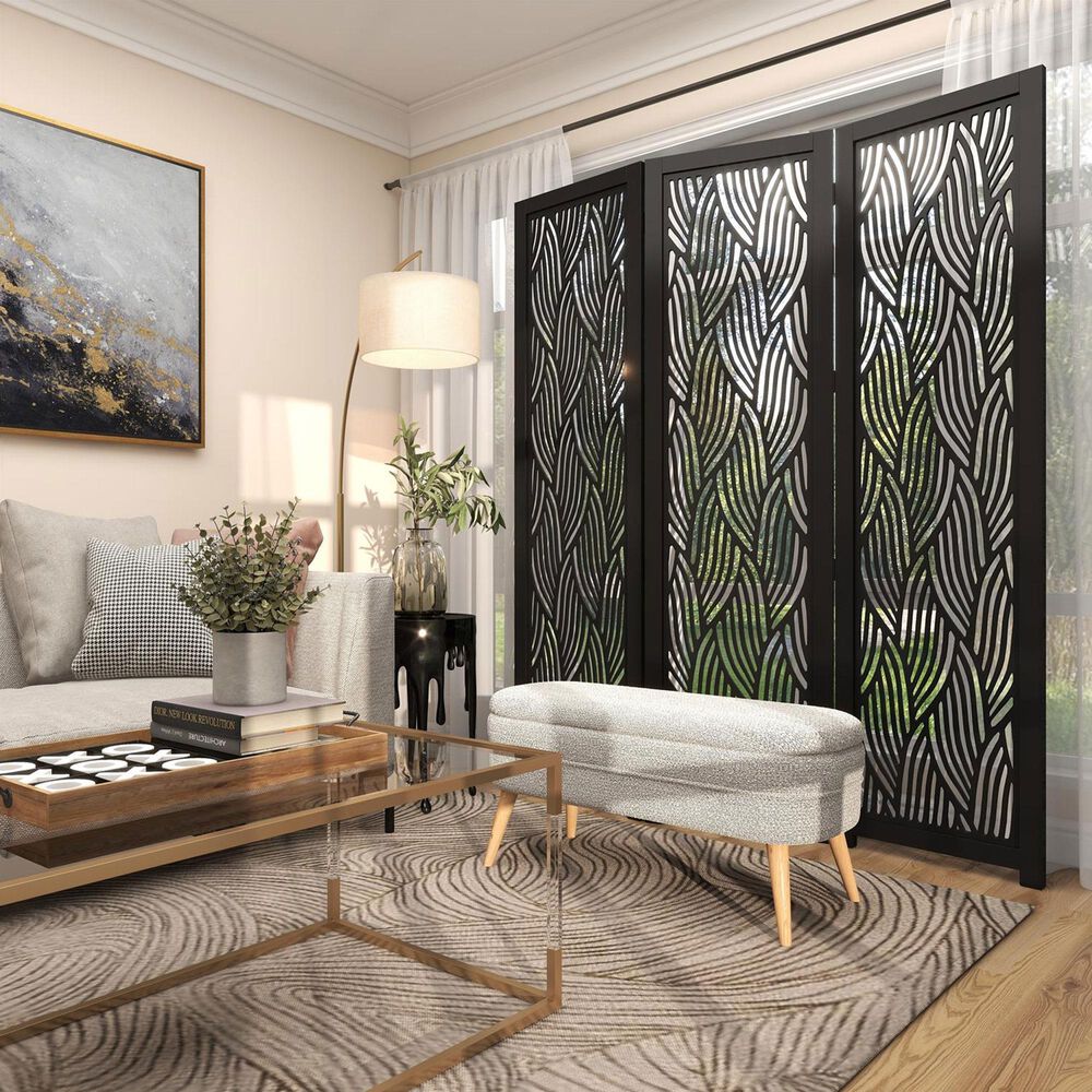 Maple and Jade 3-Panel Abstract Wavy Cutout Partition Room Divider Screen in Matte Black, , large