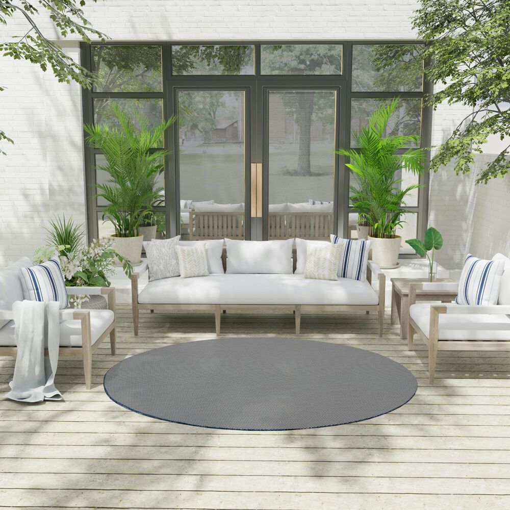 Nourison Courtyard Ivory and Blue 6&#39; Round Indoor/Outdoor Area Rug, , large