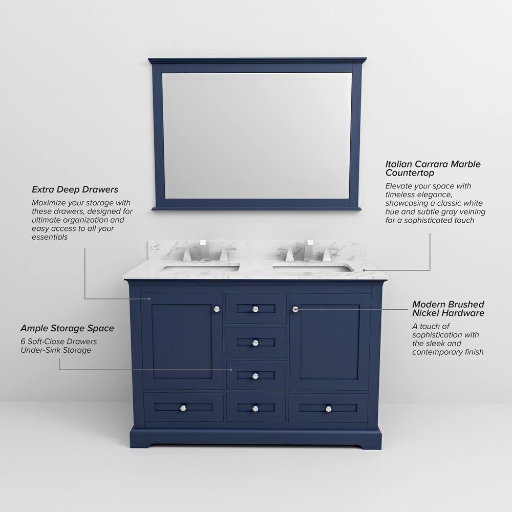 Lexora Home Dukes 48" Double Bathroom Vanity in Navy Blue with 2 cm White Carrara Marble Top and Rectangular Sinks, , large
