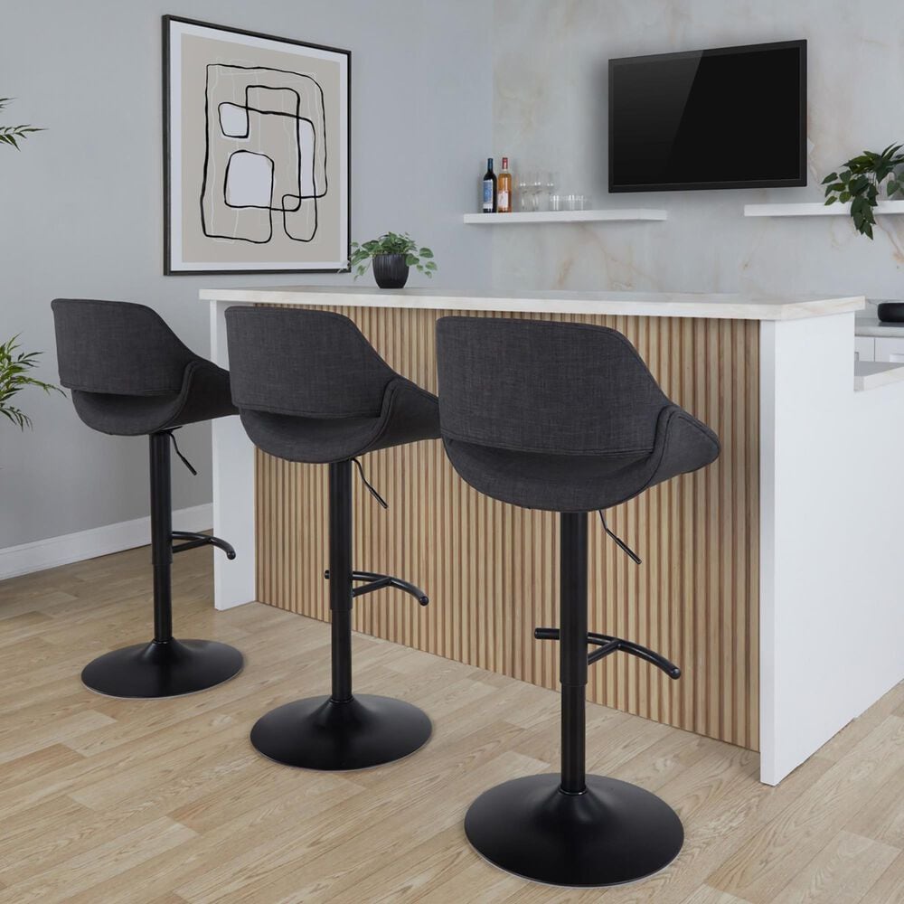 LumiSource Fabrico Swivel Adjustable Bar Stool with Charcoal Fabric Upholstery and Rounded T Footrest in Black (Set of 2), , large