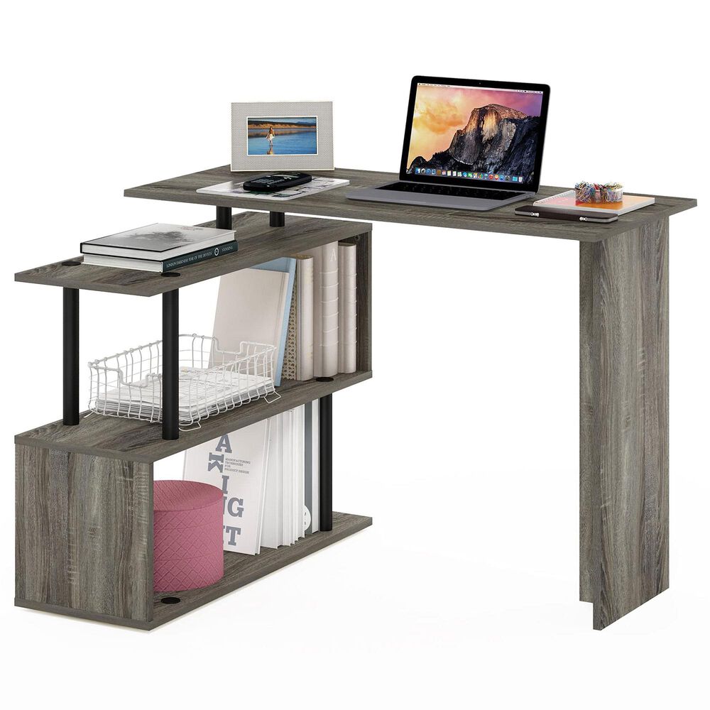 HOMLUX 3-Tier Shelves L-Shape Computer Desk in French Oak Grey and Black, , large