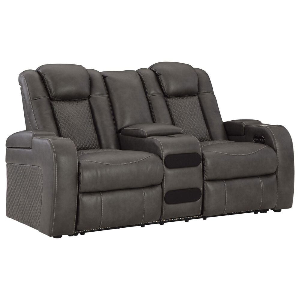Ashley Fyne-Dyme  Faux Leather Power Reclining Loveseat with Console in Shadow, , large
