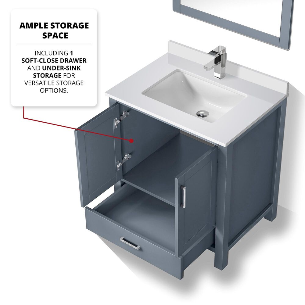 Lexora Home Jacques 30&quot; Single Bathroom Vanity in Dark Grey with 2 cm White Cultured Marble Top and Rectangular Sink, , large