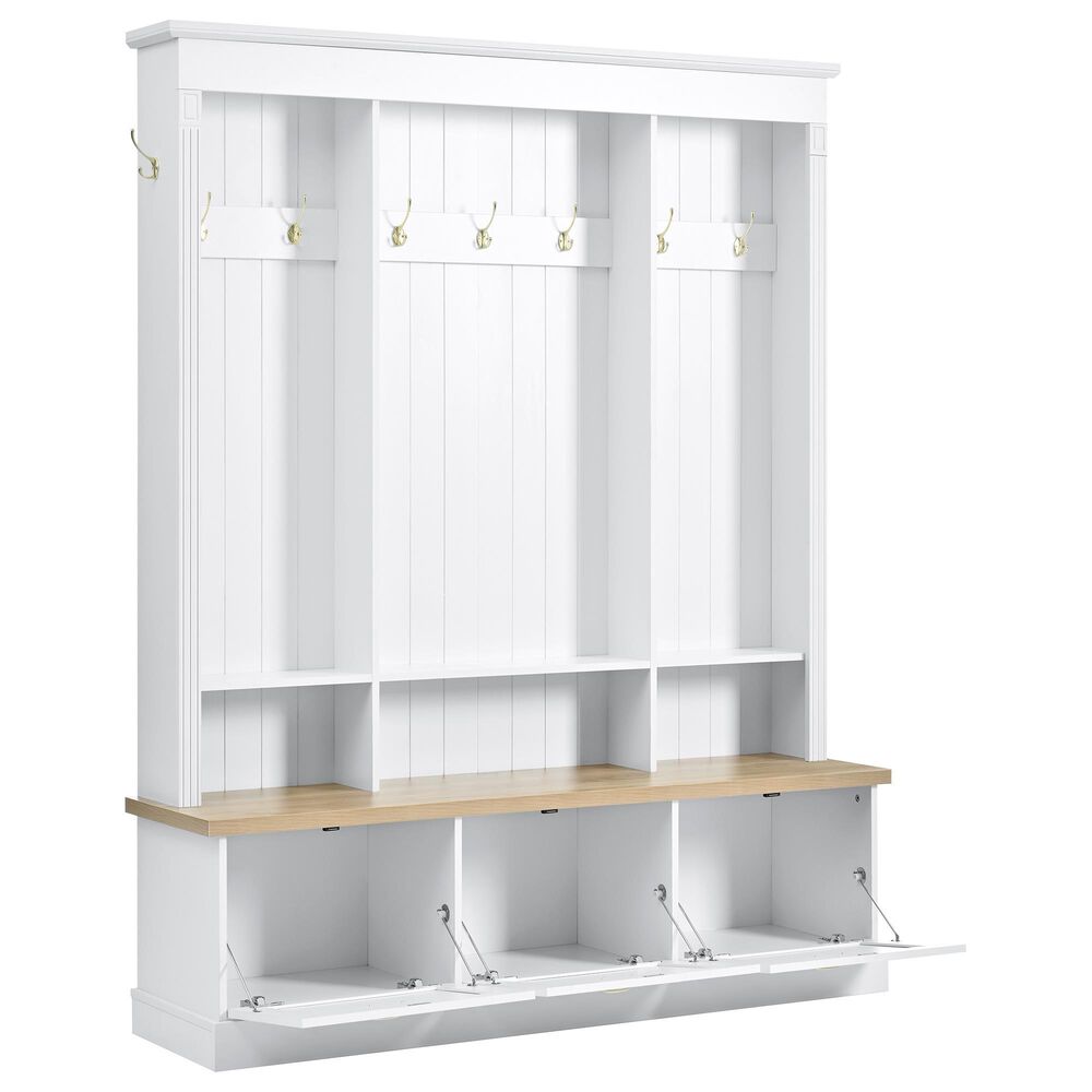 HOMLUX 9-Hook Hall Tree with 3-Cabinet in White and Natural, , large