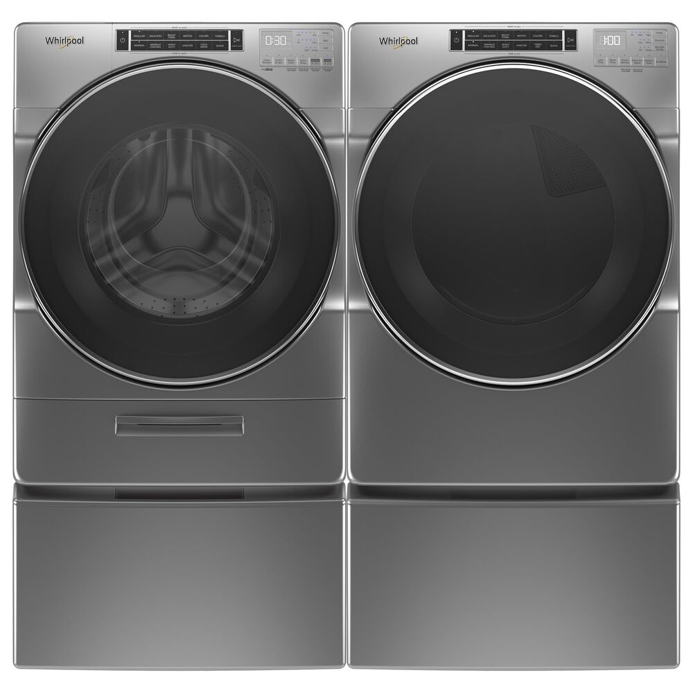 Whirlpool 4.3 Cu. Ft. Front Load Washer and 7.4 Cu. Ft. Gas Dryer Laundry Pair with Pedestals in Chrome Shadow, , large