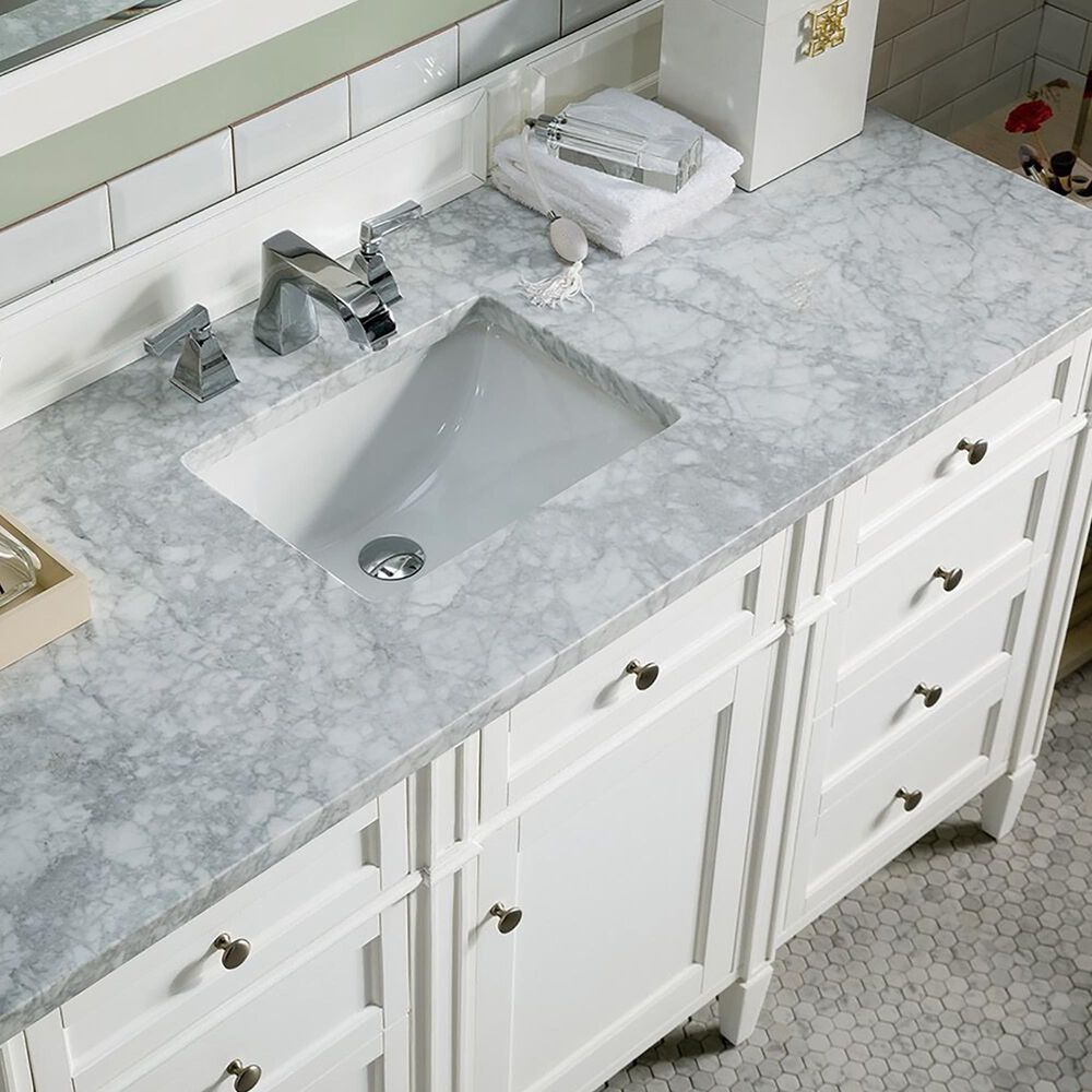James Martin Vanities Brittany 60&quot; Single Bathroom Vanity in Bright White with 3 cm Carrara White Marble Top and Rectangular Sink, , large