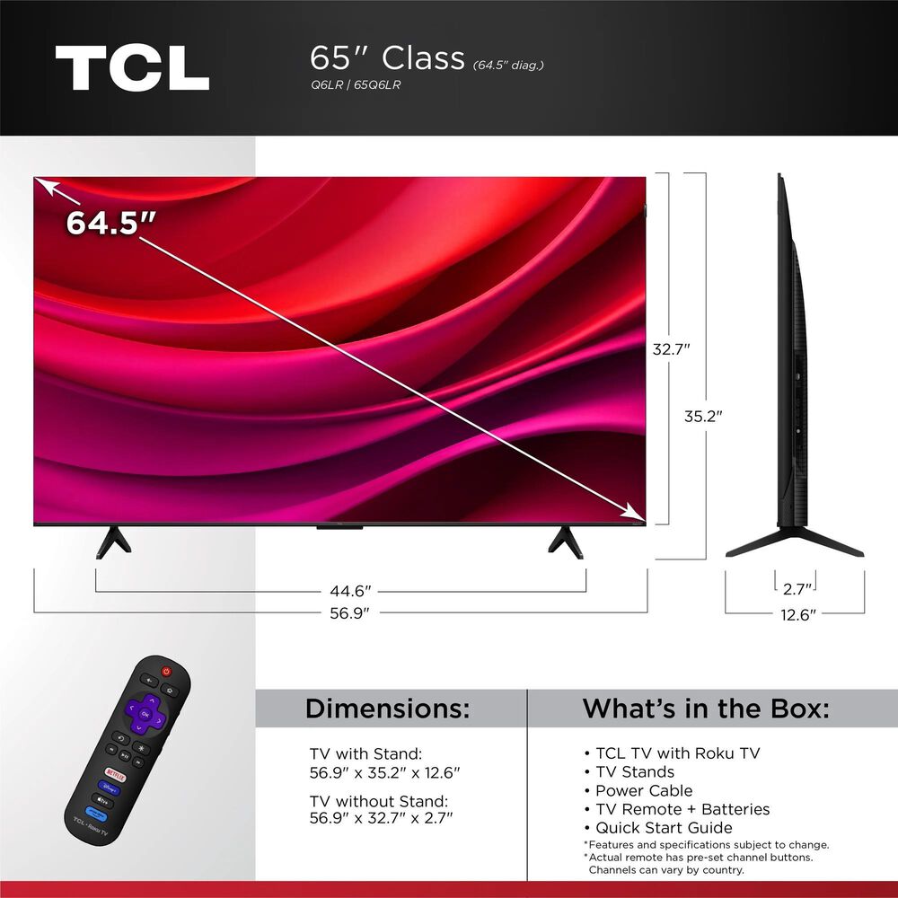 TCL 65" Class Q6LR Series 4K QLED Smart TV with Roku TV, , large