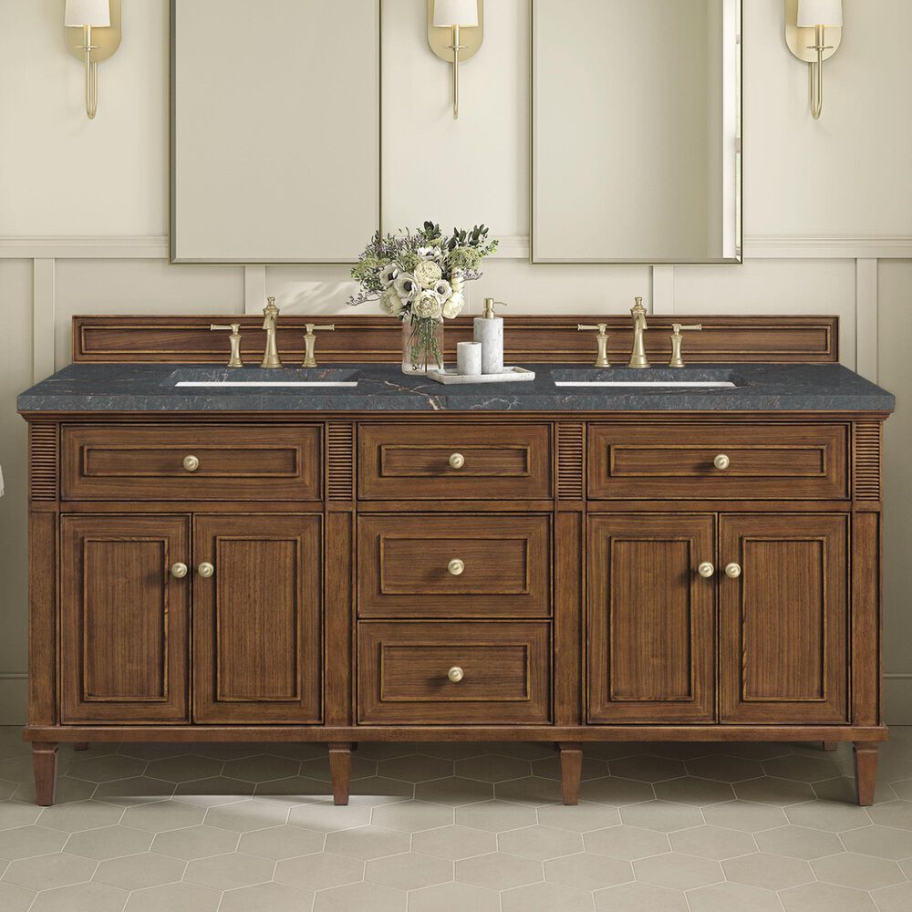 James Martin Vanities Lorelai 72"Double Vanity in Mid-Century Walnut with 3 cm Parisien Bleu Quartz Top, , large