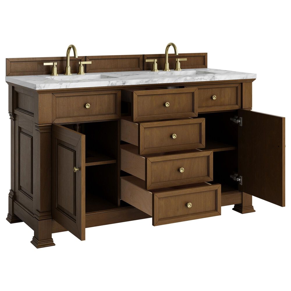 James Martin Vanities Brookfield 60&quot; Double Bathroom Vanity in Honey Oak with 3 cm Carrara White Marble Top and Rectangular Sinks, , large