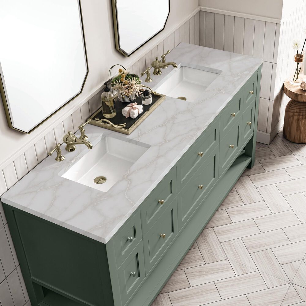 James Martin Vanities Breckenridge 72&quot; Double Bathroom Vanity in Smokey Celadon with 3 cm Victorian Silver Quartz Top and Rectangular Sinks, , large