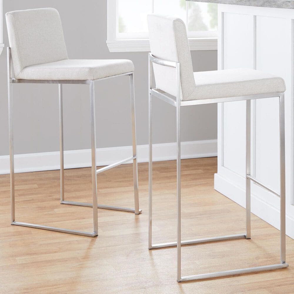 Lumisource Fuji High Back Barstool with Beige Fabric in Stainless Steel &#40;Set of 2&#41;, , large