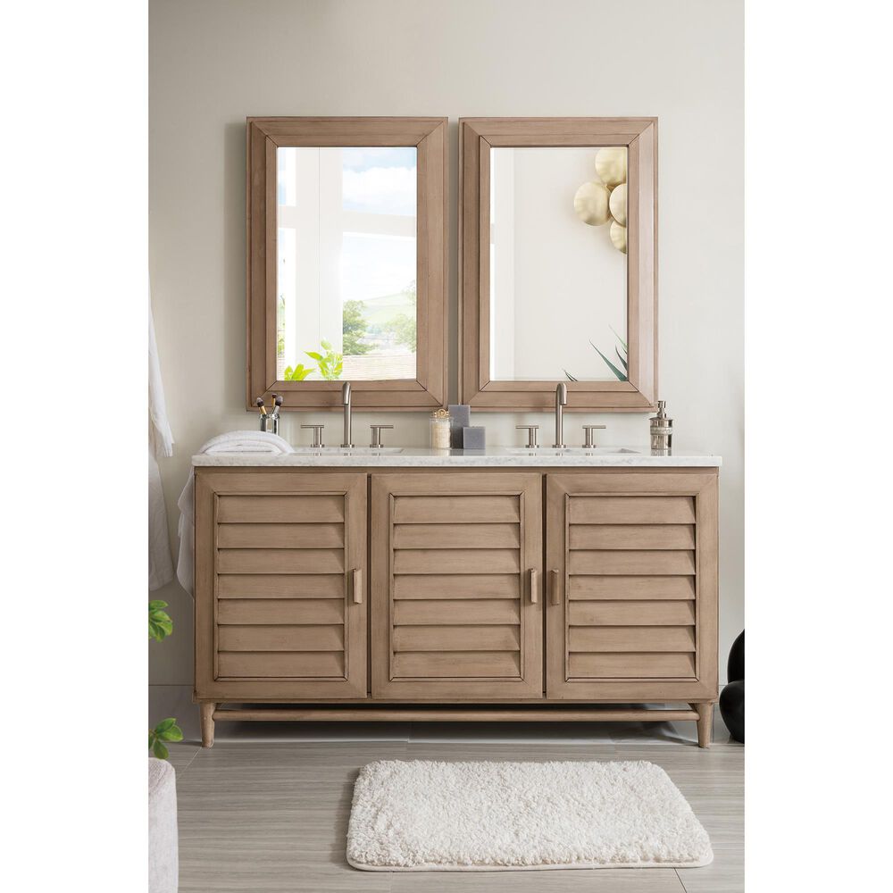 James Martin Vanities Portland 60&quot; Double Bathroom Vanity in Whitewashed Walnut with 3 cm Arctic Fall Solid Surface Top and Rectangular Sinks, , large
