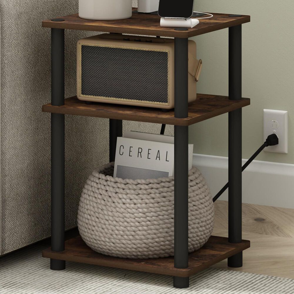 HOMLUX 3-Tier Turn-N-Tube End Table with 2 USB ports in Amber Pine and Black, , large
