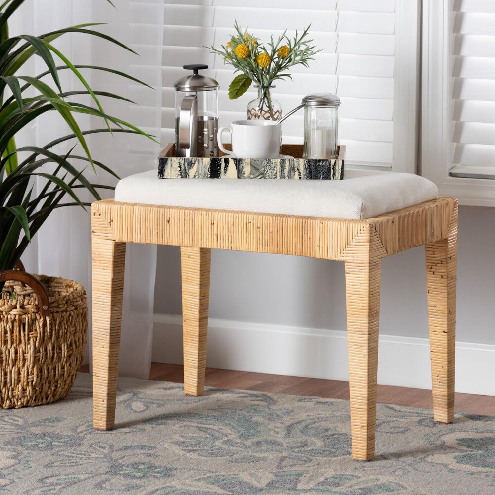 Baxton Studio Sofia Ottoman with Natural Brown Rattan in White, , large
