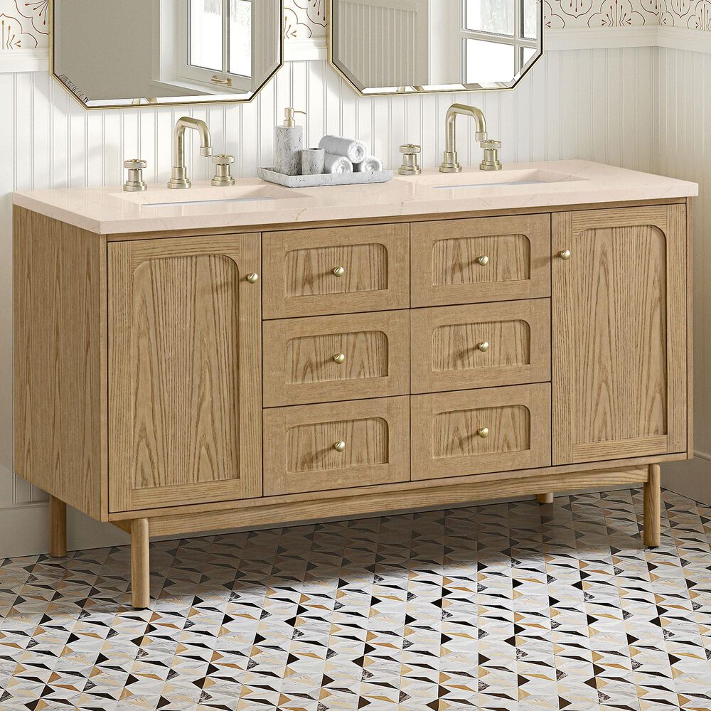 James Martin Vanities Laurent 60&quot; Double Bathroom Vanity in Light Natural Oak with 3 cm Eternal Marfil Quartz Top and Rectangular Sinks, , large