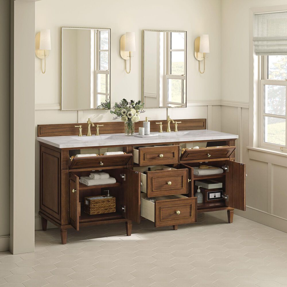 James Martin Vanities Lorelai 72&quot;Double Vanity in Mid-Century Walnut with 3 cm Victorian Silver Quartz Top, , large