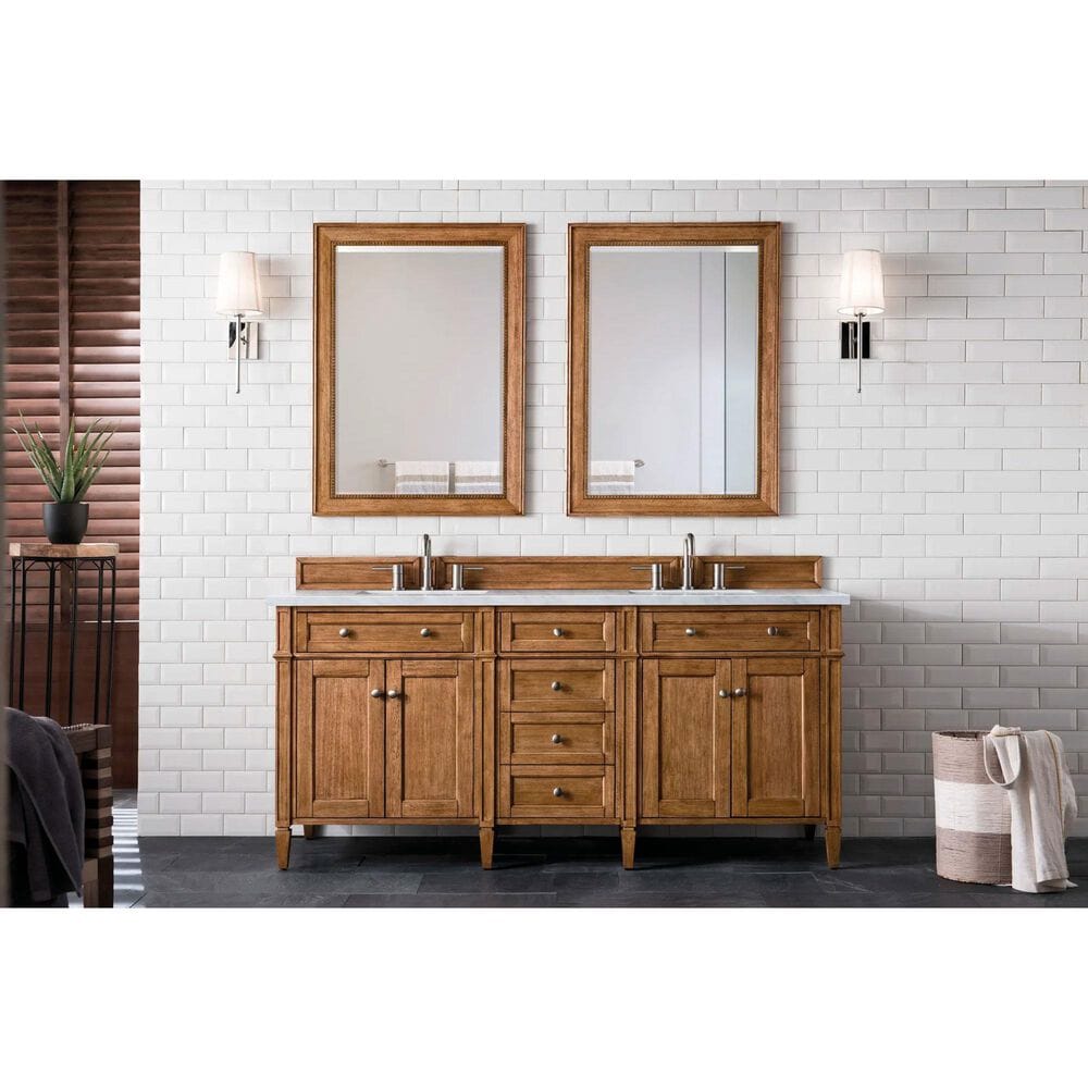 James Martin Vanities Brittany 72&quot; Double Bathroom Vanity in Saddle Brown with 3 cm Carrara White Marble Top and Rectangle Sinks, , large