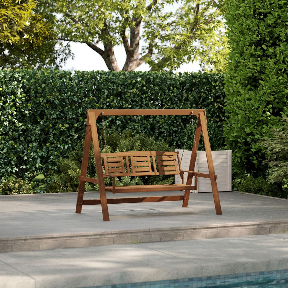 HOMLUX 3-Person Large Outdoor Porch Swing with Hanging Frame for Garden, Backyard in Teak Oil, , large