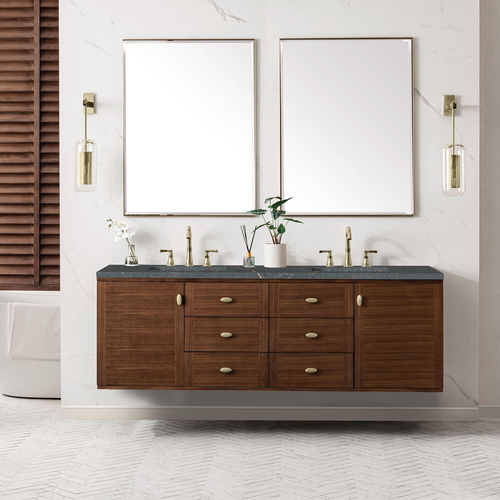 James Martin Vanities Amberly 72&quot; Double Bathroom Vanity in Mid-Century Walnut with 3 cm Parisien Bleu Quartz Top and Rectangular Sinks, , large