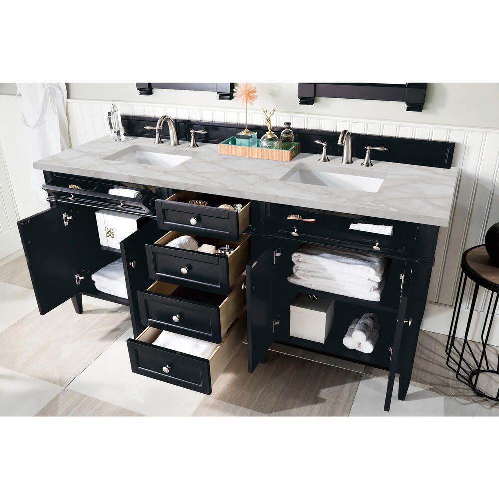 James Martin Vanities Brittany 72&quot; Double Bathroom Vanity in Black Onyx with 3 cm Victorian Silver Quartz Top and Rectangular Sinks, , large
