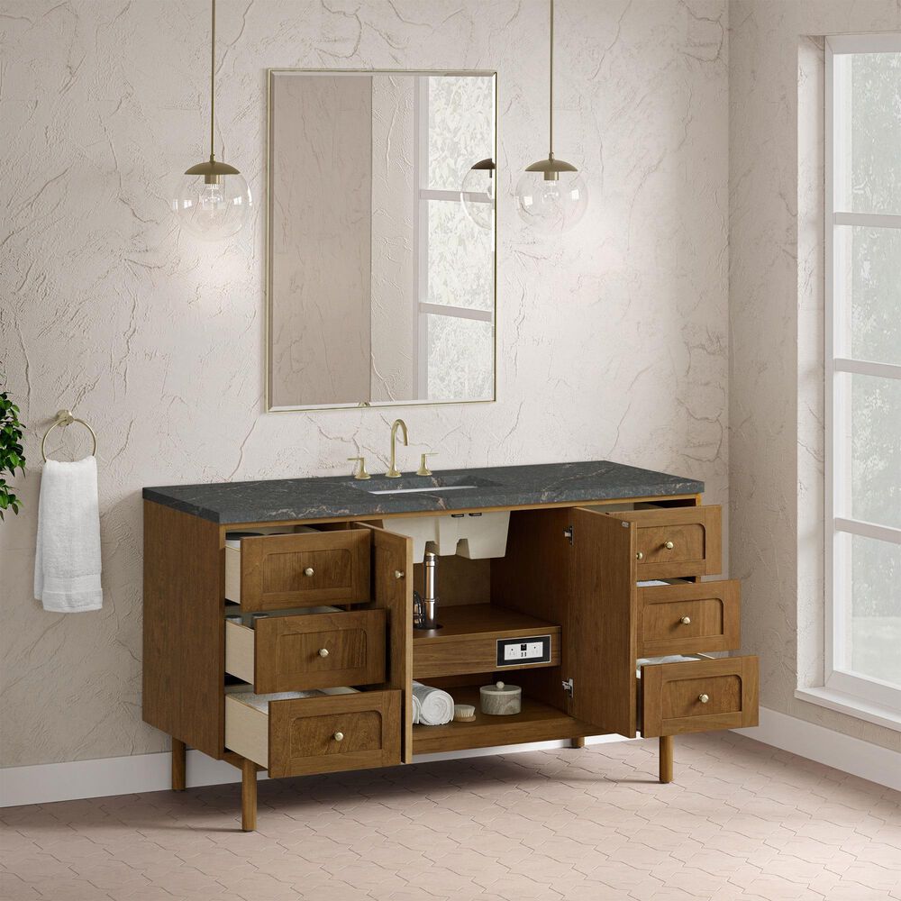 James Martin Laurent 60" Single Bathroom Vanity in Honey Oak with 3 cm Parisien Bleu Silestone Top and Rectangular Sink, , large