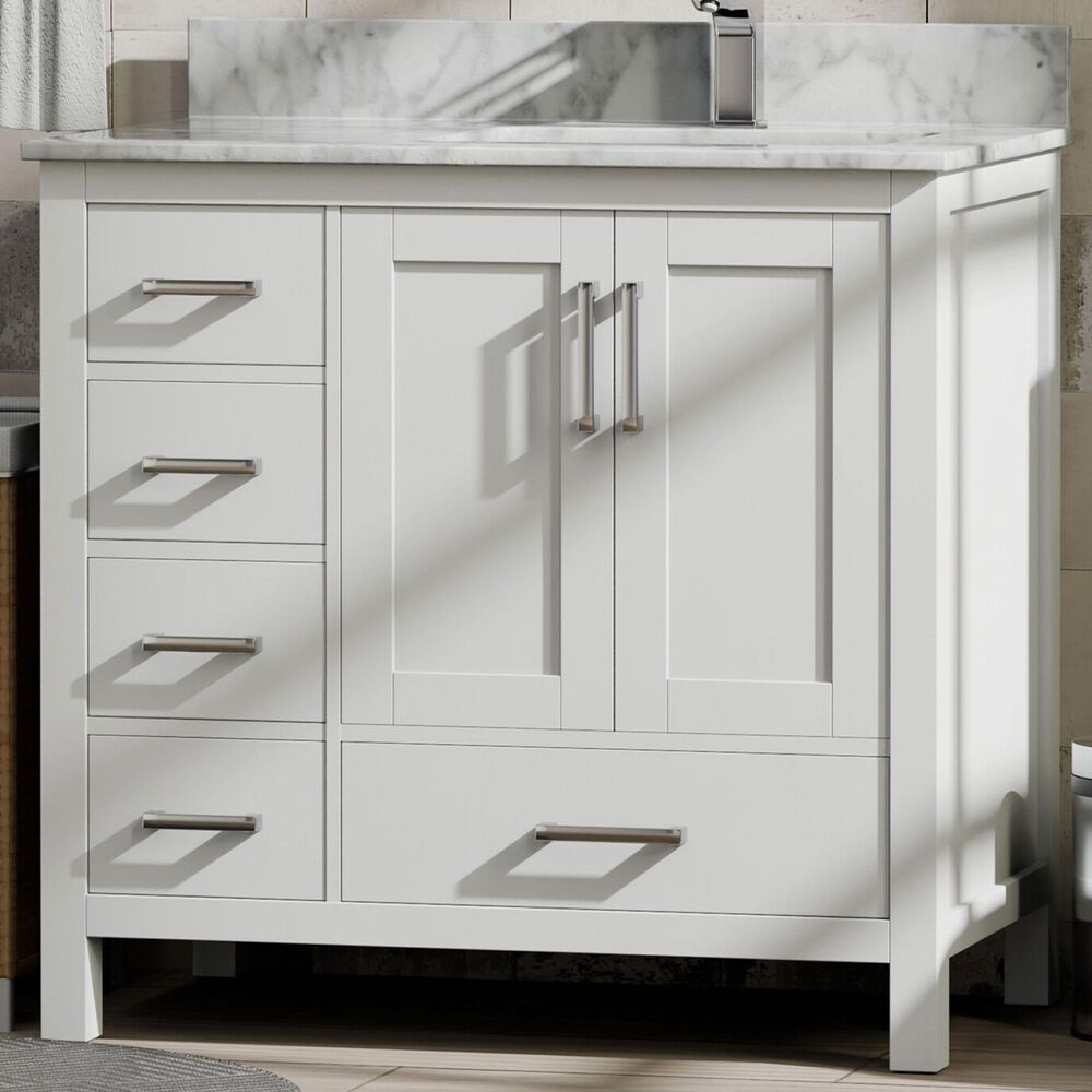 Lexora Home Jacques 36&quot; Right Offset Single Bathroom Vanity in White with 2 cm White Carrara Marble Top and Rectangular Sink, , large