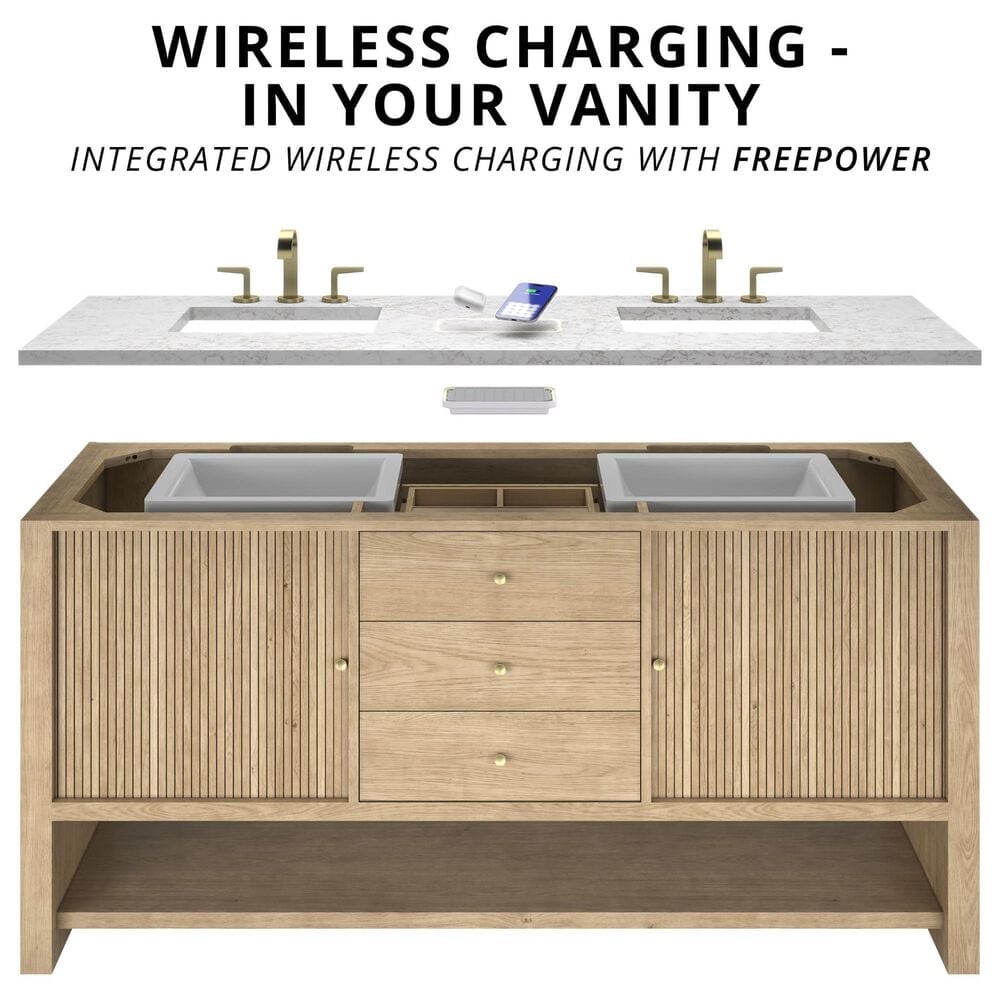 James Martin Bellshire 72" Double Bathroom Vanity in Honey Oak with 3 cm Ethereal Noctis Silestone Top, Rectangular Sinks and FreePower Wireless Charger, , large