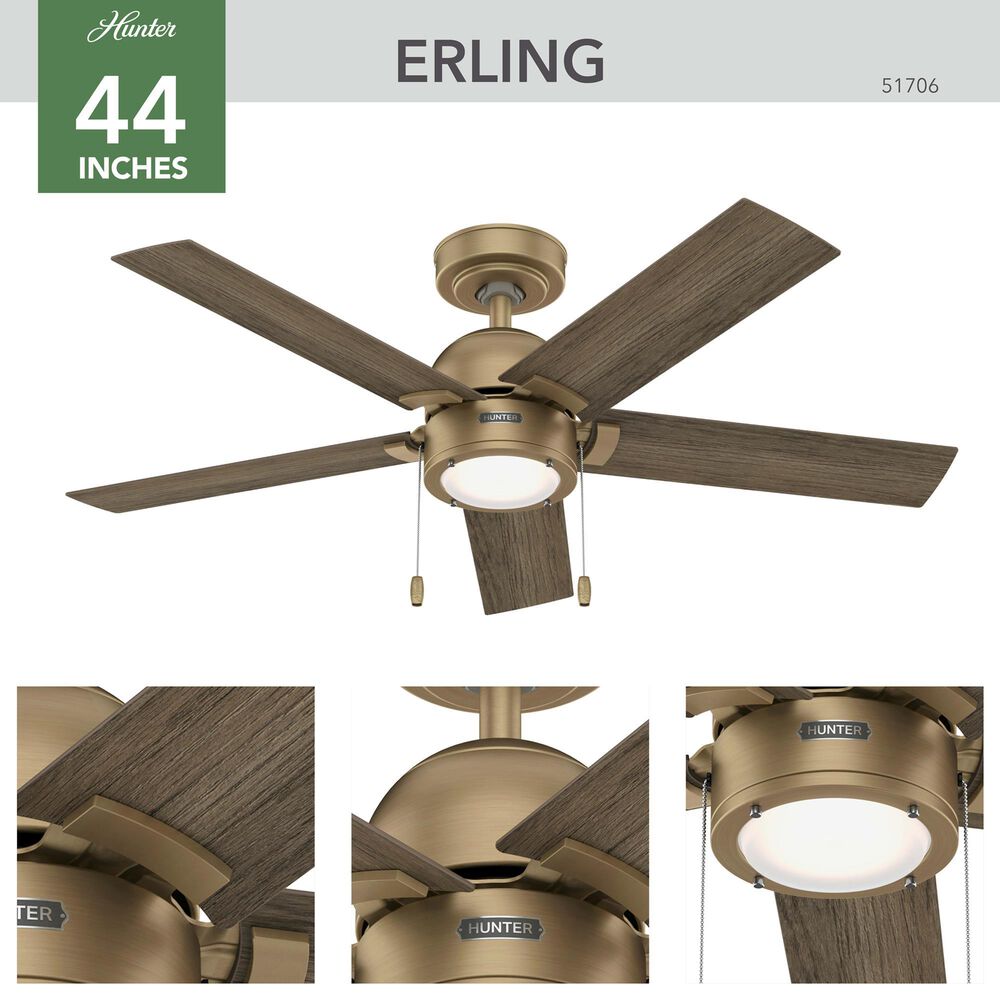Hunter Erling 44&quot; Ceiling Fan with LED Light in Burnished Brass, , large