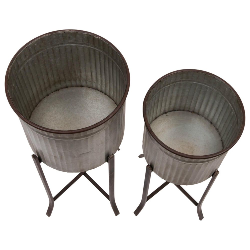 Creative Coop 2-Piece Round Corrugated Metal Planter on Stand Set in Silver and Black, , large